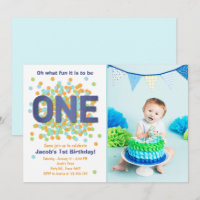 Boy First Birthday Invitation Confetti ONE blue