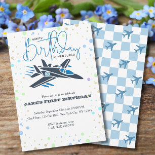 Boy First Birthday Jet Fighter Aeroplane Blue Whit Invitation