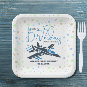 Boy First Birthday Jet Fighter Aeroplane Blue Whit Paper Plate