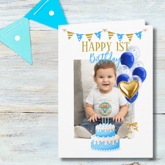 Boy First Birthday Photo Blue Gold Balloon Cute Card (Creator Uploaded)