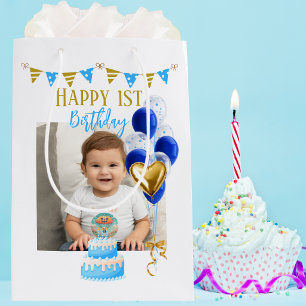 Boy First Birthday Photo Blue Gold Balloon Cute Medium Gift Bag