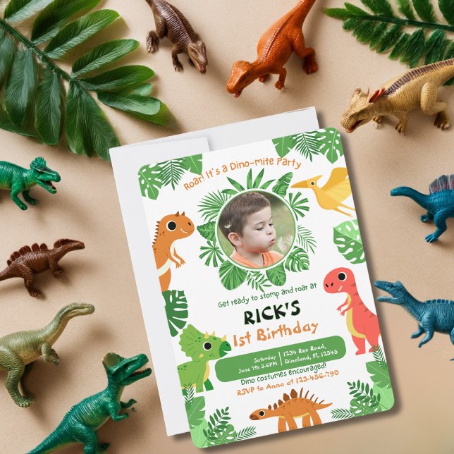 Boy First Birthday Photo Dinosaur Cute Colourful Invitation (Front )