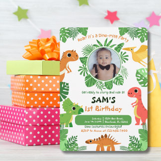 Boy First Birthday Photo Dinosaur Cute Colourful Invitation