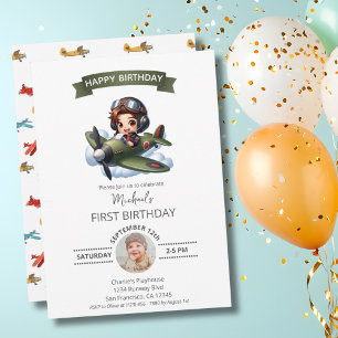 Boy First Birthday Pilot Vintage Aeroplane Clouds Invitation