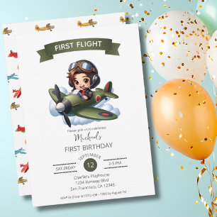 Boy First Birthday Pilot Vintage Aeroplane Clouds Invitation