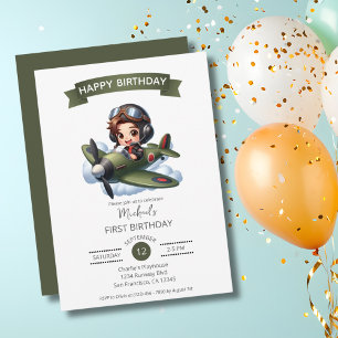 Boy First Birthday Pilot Vintage Aeroplane Clouds Invitation