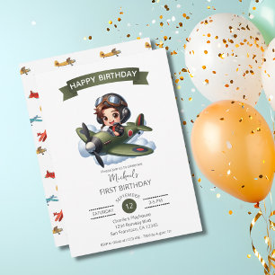 Boy First Birthday Pilot Vintage Aeroplane Clouds Invitation