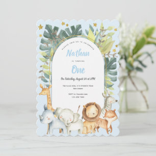 Boy first birthday safari jungle animals birthday invitation