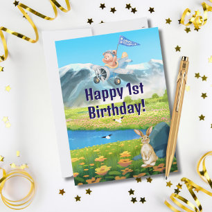 Boy First Birthday Teddy Bear Aeroplane Mountains Holiday Card