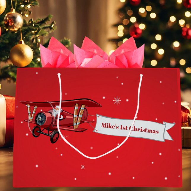 Boy First Christmas Aeroplane & Santa Custom Large Gift Bag (Creator Uploaded)