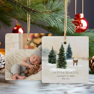 Boy First Christmas Birth Stats Woodland Photo Ceramic Ornament