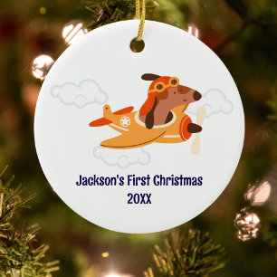 Boy First Christmas Dog Pilot Aeroplane Cloud Funn Ceramic Tree Decoration