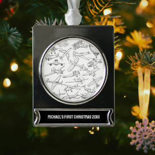Boy First Christmas Hand Drawn Aeroplanes Aviation Silver Plated Banner Ornament