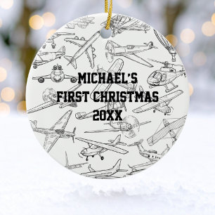 Boy First Christmas Hand Drawn Aeroplanes Photo  Ceramic Tree Decoration