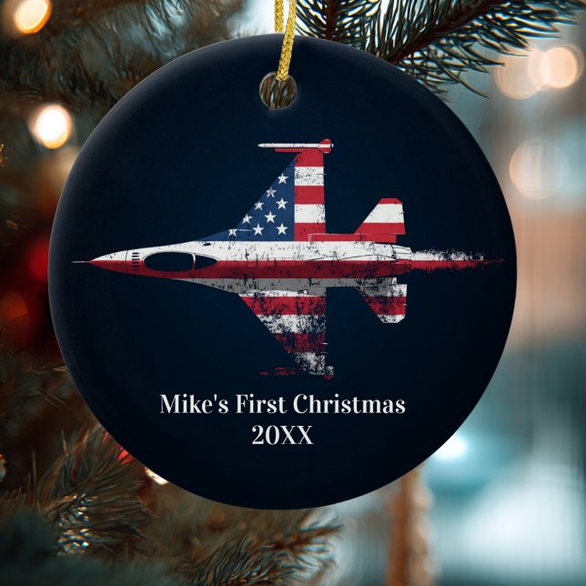 Boy First Christmas Jet Fighter US Aeroplane Custo Ceramic Tree Decoration (Creator Uploaded)