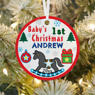 Boy First Christmas PHOTO Gray Horse Metal Tree Decoration