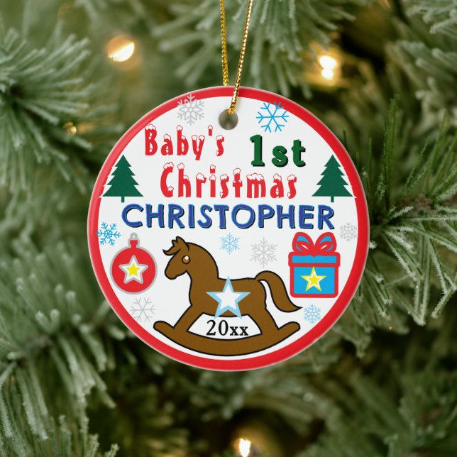 Boy First Christmas PHOTO Rocking Horse  Ceramic Tree Decoration (Tree)