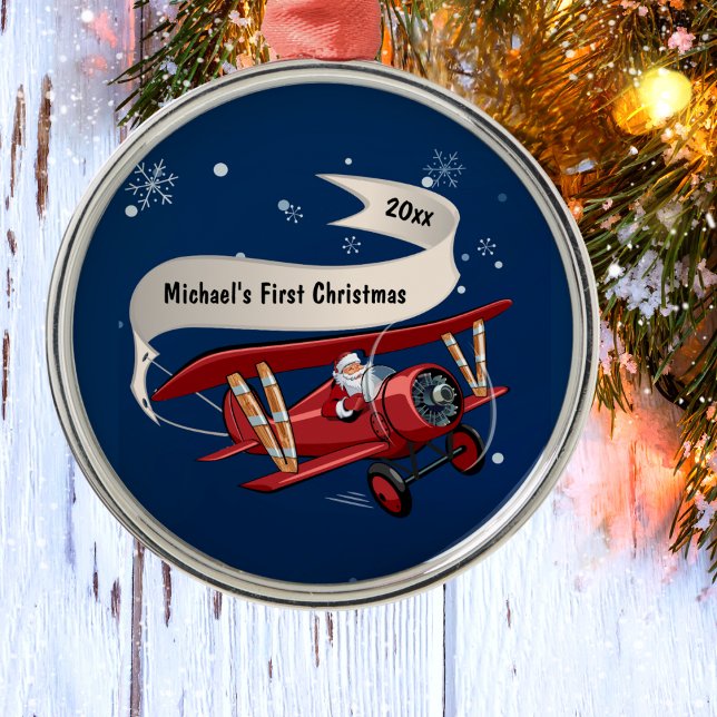 Boy First Christmas Santa Aeroplane Personalised  Metal Tree Decoration (Creator Uploaded)
