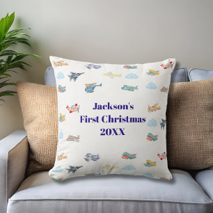 Boy First Christmas Watercolor Aeroplanes Clouds Cushion