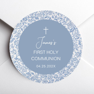 Boy First Communion Blue and White Floral Pattern  Classic Round Sticker