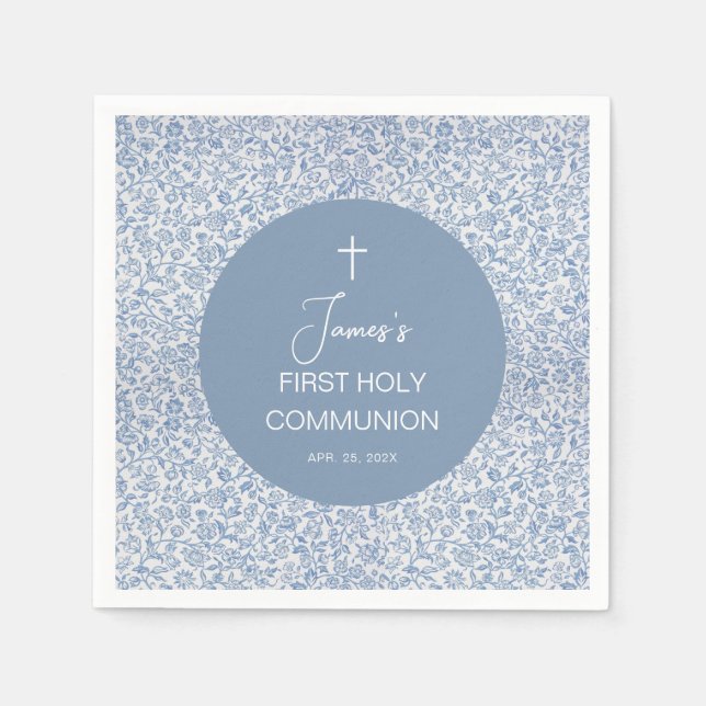 Boy First Communion Blue and White Floral Pattern Napkin (Front)