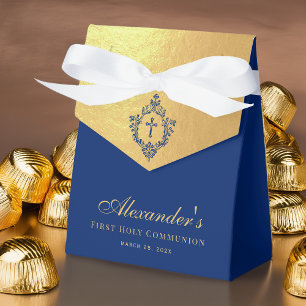 Boy First Communion Blue Cross in Crest Faux Gold Favour Box