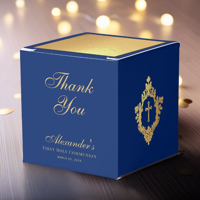 Boy First Communion Blue Faux Gold Crest Thank You Favour Box (Creator Uploaded)