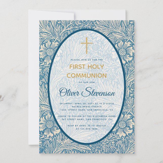 Boy First Communion Blue Floral Marigold Morris Invitation (Front)