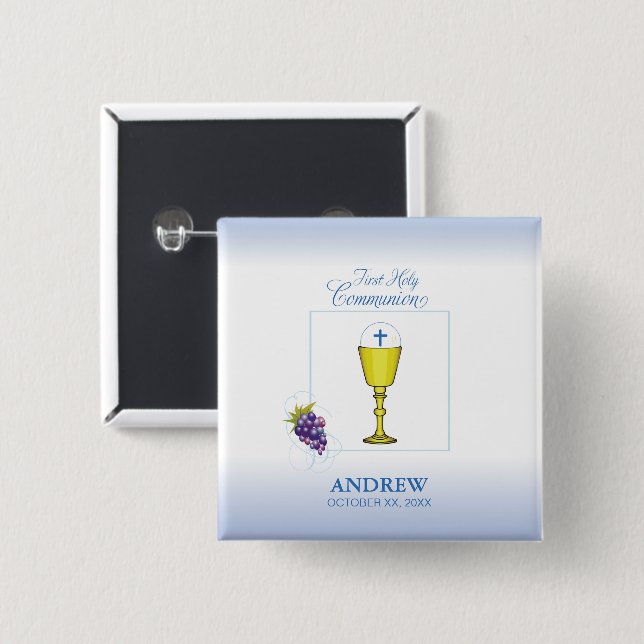 Boy First Communion, Chalice with Host and Grapes 15 Cm Square Badge (Front & Back)