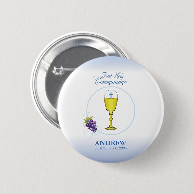 Boy First Communion, Chalice with Host and Grapes 6 Cm Round Badge (Front & Back)