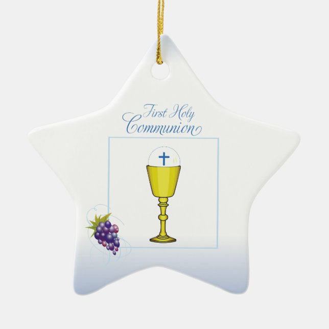 Boy First Communion, Chalice with Host and Grapes Ceramic Tree Decoration (Front)
