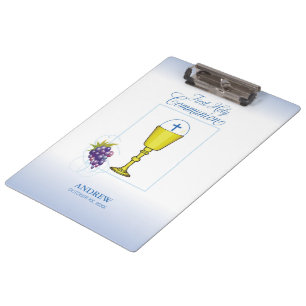 Boy First Communion, Chalice with Host and Grapes Clipboard