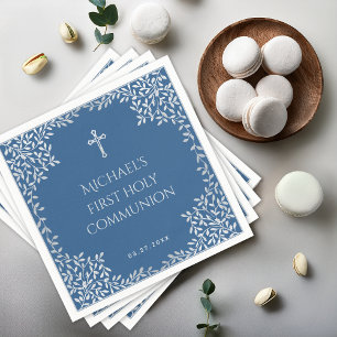 Boy First Communion Classic Blue Silver Leaves Napkin