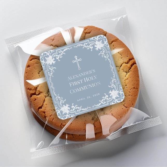 Boy First Communion Dusty Blue Elegant Faux Silver Square Sticker (Creator Uploaded)