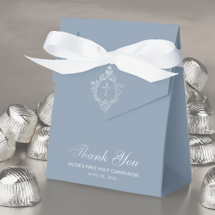 Boy First Communion Dusty Blue Faux Silver Crest Favour Box