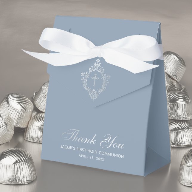 Boy First Communion Dusty Blue Faux Silver Crest Favour Box (Creator Uploaded)