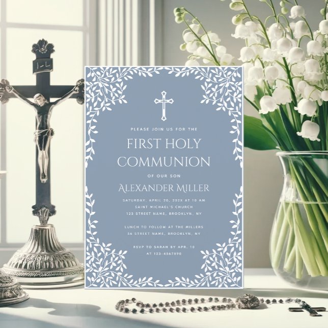 Boy First Communion Dusty Blue White Leaves Cross Invitation (Creator Uploaded)