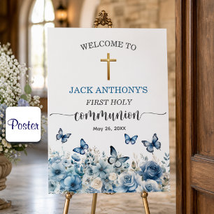 Boy First Communion Gold Cross Blue Floral Welcome Poster