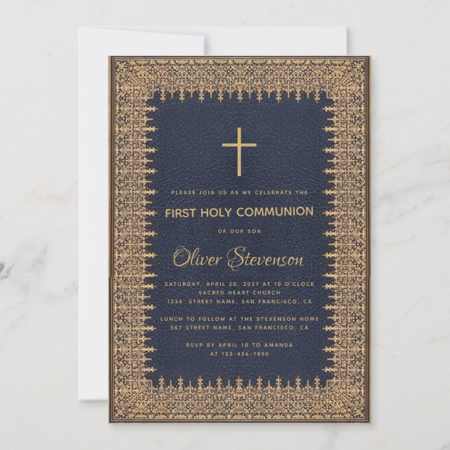 Boy First Communion Gold Frame Cross Navy Blue Invitation (Front)