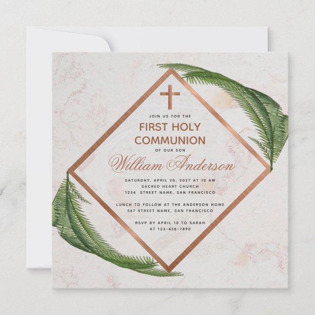 Boy First Communion Greenery Copper Marble Fern Invitation (Front)