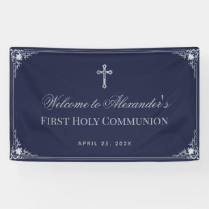 Boy First Communion Navy Blue Elegant Ornate Cross Banner