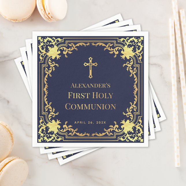  Boy First Communion Navy Blue Faux Gold Cross Napkin (Creator Uploaded)