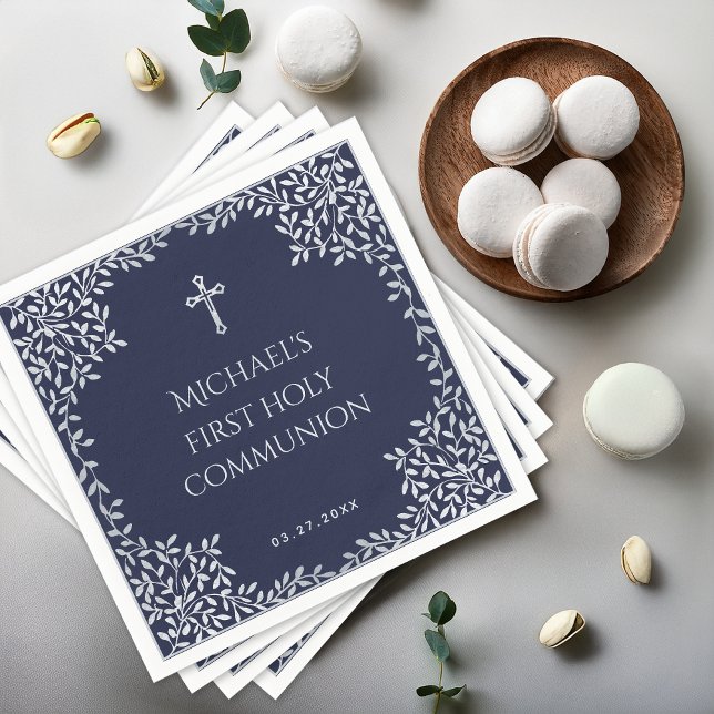 Boy First Communion Navy Blue & Faux Silver Leaves Napkin (Creator Uploaded)