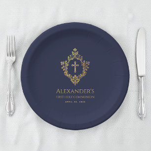Boy First Communion Navy Blue Gold Crest Elegant  Paper Plate