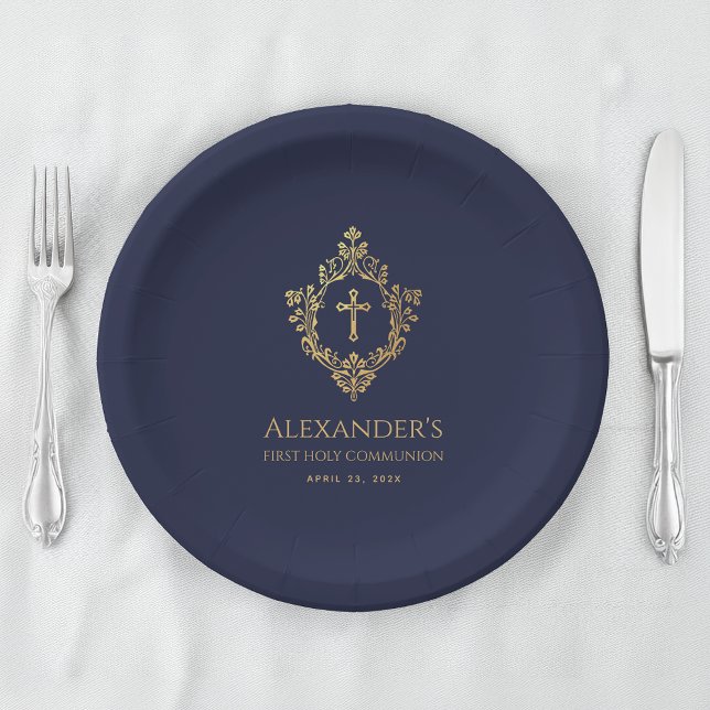 Boy First Communion Navy Blue Gold Crest Elegant  Paper Plate (Creator Uploaded)