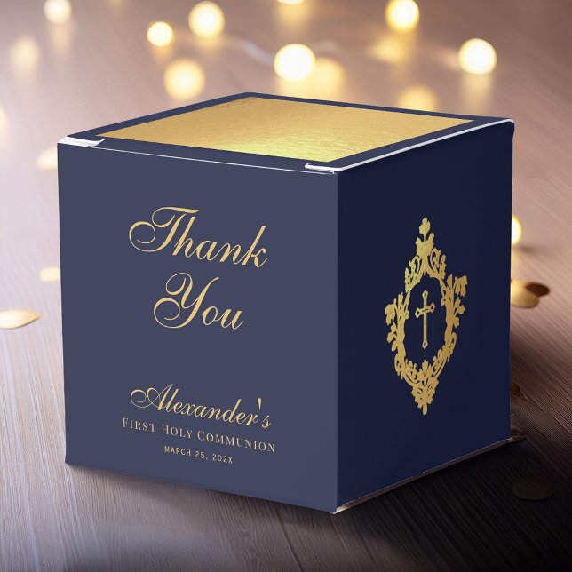 Boy First Communion Navy Blue Gold Crest Thank You Favour Box (Creator Uploaded)