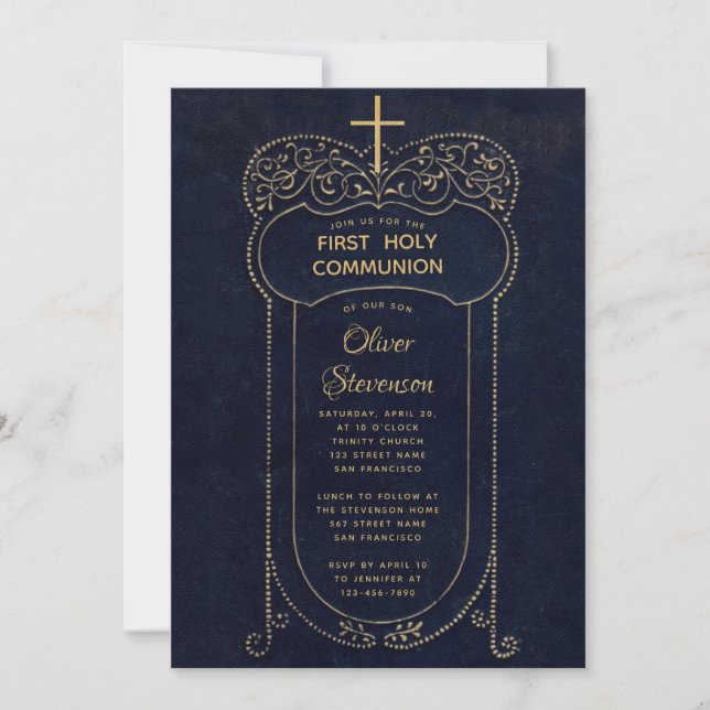 Boy First Communion Navy Blue Vintage Calligraphy Invitation (Front)