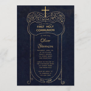 Boy First Communion Navy Blue Vintage Calligraphy Invitation