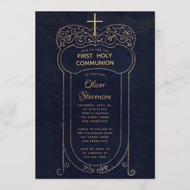 Boy First Communion Navy Blue Vintage Calligraphy Invitation (Front)