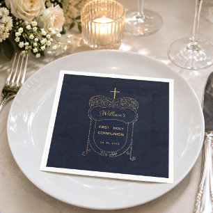 Boy First Communion Navy Blue Vintage Cross Script Napkin